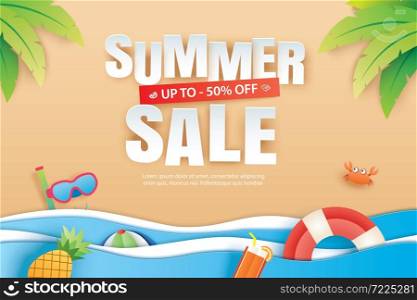 Summer sale with decoration origami on beach background. Paper art and craft style.