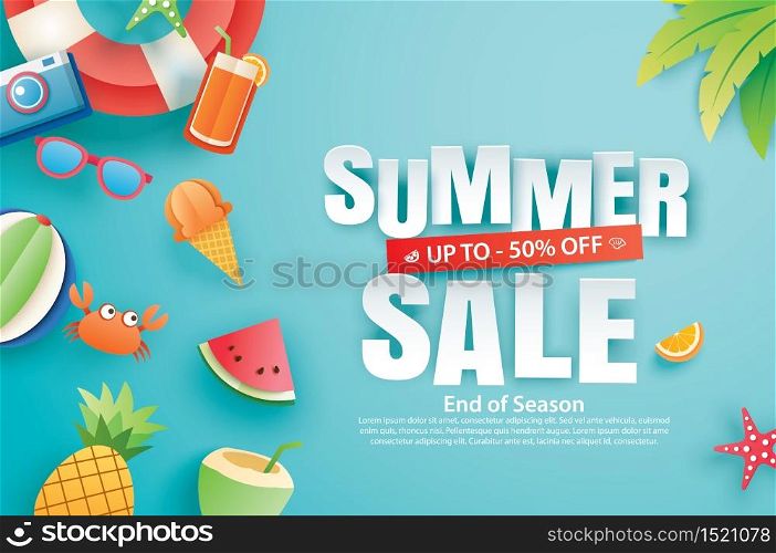 Summer sale with decoration origami on blue sky background. Paper art and craft style. Vector illustration of ice cream, watermelon, sunglasses.