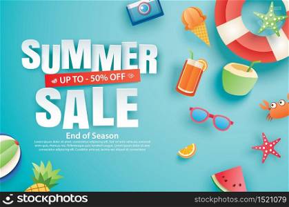 Summer sale with decoration origami on blue sky background. Paper art and craft style. Vector illustration of ice cream, watermelon, sunglasses.