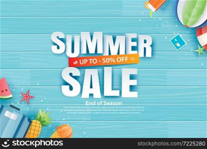 Summer sale with decoration origami on blue wooden background. Paper art and craft style. Vector illustration of ice cream, watermelon, sunglasses.