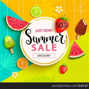 Summer sale with fruits.. Summer geometric sale with fruits. Vector illustration.