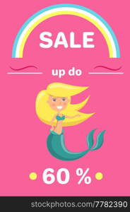 Summer sale with mermaid at sea. Advertising banner with underwater life of sea creature. Nixie on background of ocean with waves and sand with starfish. Seasonal closeout poster, discounts, hot price. Summer sale with mermaid at sea. Advertising banner with underwater life. Seasonal closeout poster