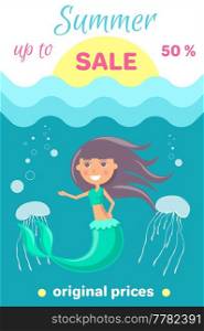 Summer sale with mermaid at sea. Advertising banner with underwater life of sea creature. Nixie on background of ocean with waves and sand with starfish. Seasonal closeout poster, discounts, hot price. Summer sale with mermaid at sea. Advertising banner with underwater life. Seasonal closeout poster