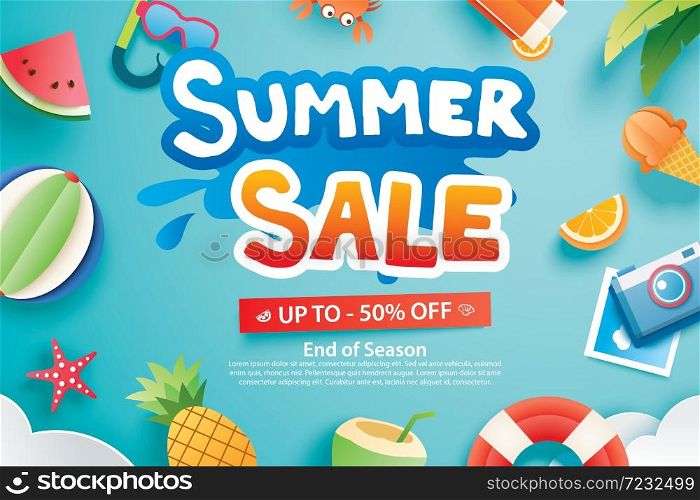 Summer sale with paper cut symbol and icon for advertising background. Art and craft style. Use for ads, banner, poster, card, cover, stickers, badges, illustration design.