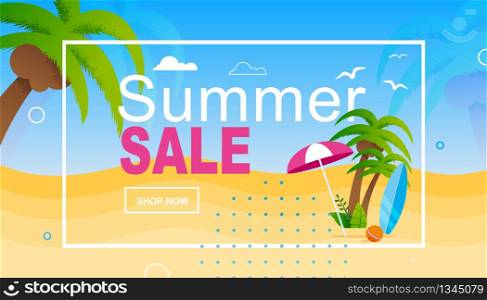 Summer Sales Advertisement in Frame over Cartoon Beach with Coconut Palms and Accessories for Rest. Vacation Discount. Cheapest Tour or Best Shopping for Holidays. Vector Flat Illustration. Summer Sale Advertisement in Frame over Beach