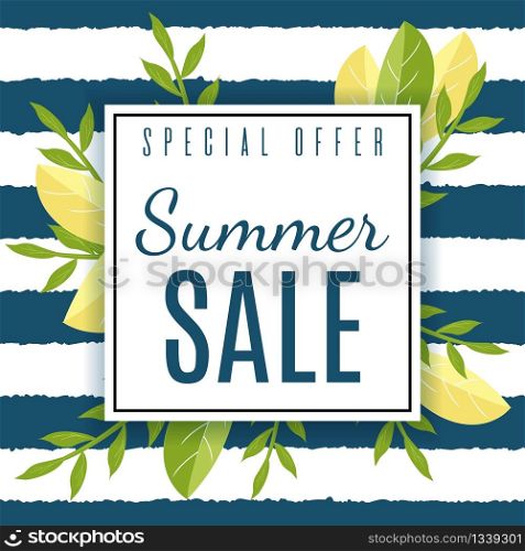 Summer Sales Advertisement. Seasonal Special Offer. Great Discount. Promotion Poster or Flyer with Advertising Font Text over Striped Backdrop. Vector Flat Illustration with Natural Design. Summer Sales Seasonal Special Offer Advertisement