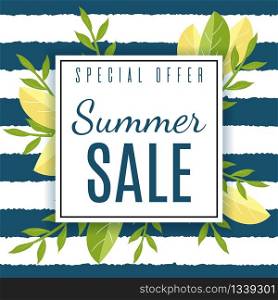 Summer Sales Advertisement. Seasonal Special Offer. Great Discount. Promotion Poster or Flyer with Advertising Font Text over Striped Backdrop. Vector Flat Illustration with Natural Design. Summer Sales Seasonal Special Offer Advertisement