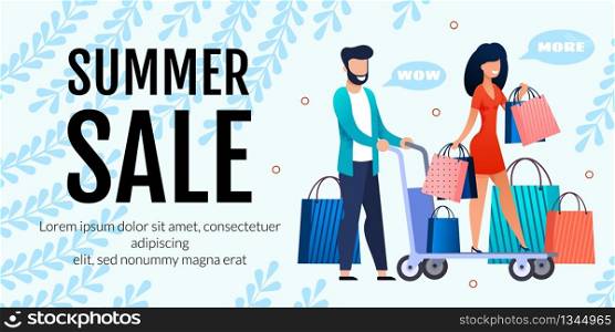 Summer Sales Advertising on Comic Cartoon Banner. Man Shocked with Big Discount Carrying Happy Woman on Shopping Trolley. Vector Husband and Wife with Many Shop Bags. Vector Flat Illustration. Summer Sale Advertising on Comic Cartoon Banner