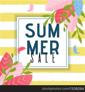 Summer Sales Advertising Poster. Foliage Design and Flying Butterflies over Striped Seamless Backdrop. Promotion Text in Transparent Frame. Vector Flat Illustration. Printable Advertisement. Summer Sales Ad Poster with Foliage Marine Design