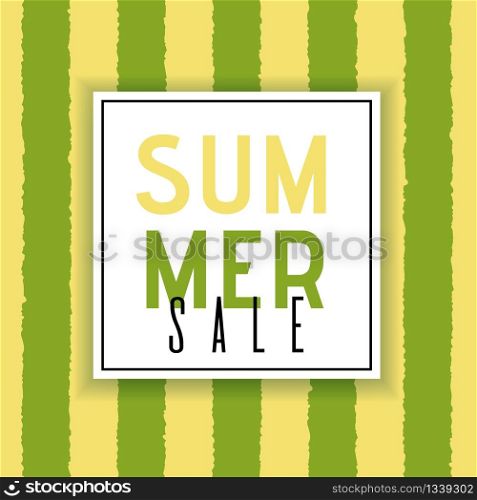Summer Sales Advertising Poster with Simple Flat Design. Promotion Text in Frame over Vertical Stripes. Seasonal Price Fall Advertisement. Vector Seamless Illustration. Promotional Commerce Material. Summer Sales Ad Poster with Simple Flat Design
