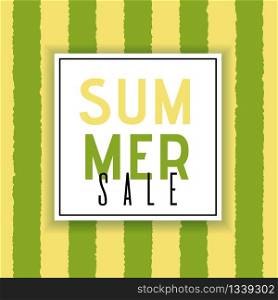 Summer Sales Advertising Poster with Simple Flat Design. Promotion Text in Frame over Vertical Stripes. Seasonal Price Fall Advertisement. Vector Seamless Illustration. Promotional Commerce Material. Summer Sales Ad Poster with Simple Flat Design