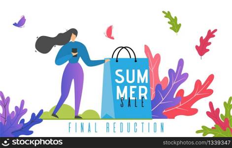 Summer Sales and Final Reduction Promotion Text. Advertising Banner Template for Online Shop and Mobile Store Application. Woman Standing with Phone and Huge Shopping Bag. Vector Illustration. Summer Final Sales and Price Reduction Banner