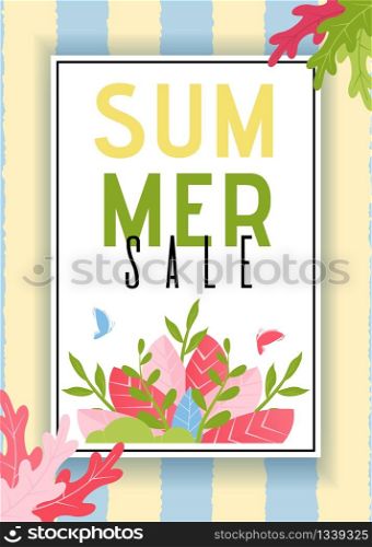 Summer Sales Card with Stripes and Foliage Design. Vector Flat Illustration in Cartoon Style. Advertising Lettering in Frame Decorated Exotic Plants Leaves and Flying Butterflies. Discount Proposition. Summer Sales Card with Stripes and Foliage Design