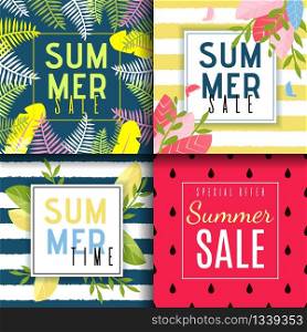Summer Sales Cards Set in Abstract and Floral Style. Special Offer for Summertime. Advertising Banners with Creative Cartoon Design and Promotion Text in Frames. Vector Flat Illustration. Summer Sale Cards Set in Abstract and Floral Style