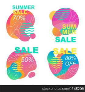 Summer Sales Cutout Cards Set Inviting to Shop. Discount Offer. Sell-out up to 50, 70, 80 Percent. Marketing Promo Flyers for Shop, Store, Retail. Vector Illustration with Tropical Leaves Silhouettes. Summer Sales Cutout Cards Set Inviting to Shop