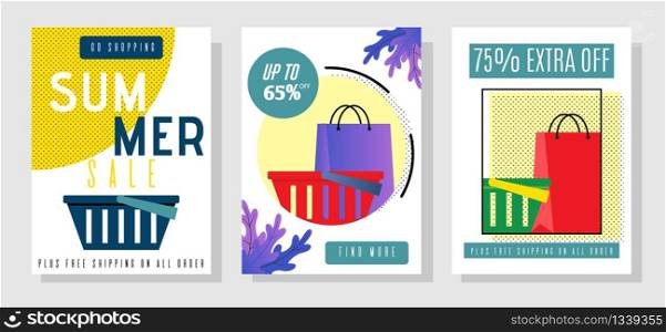 Summer Sales Flyers Set with Extra Sell-off Offer. Vector Shopping Bags and Baskets Illustration with Promotion Text. Invitation for Buying Goods at Bargain Prices. Special Discounts Kit. Summer Sales Flyers Set with Extra Sell-off Offer