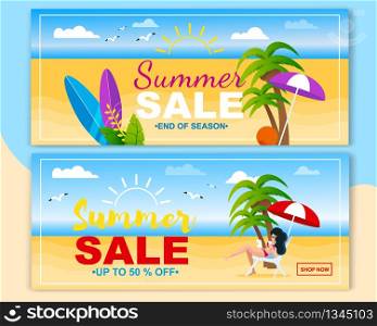 Summer Sales Header Flat Banner Set Invite to Shop. Limited Discounts Offer. Season End and Sell-out up to 50 Percent. Vector Illustration in Tropical Style. Sunny Beach, Seaside and Pretty Woman. Summer Sales Header Flat Banner Set Invite to Shop