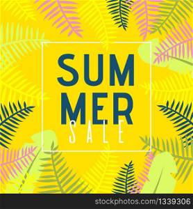 Summer Sales Poster with Advertising Text and Cartoon Tree Leaves Surrounded Frame. Seasonal Price Fall and Marketing Proposition. Flyer for Promoting Special Offer. Vector Invitation Illustration. Summer Sale Poster with Ad Text and Tree Leaves
