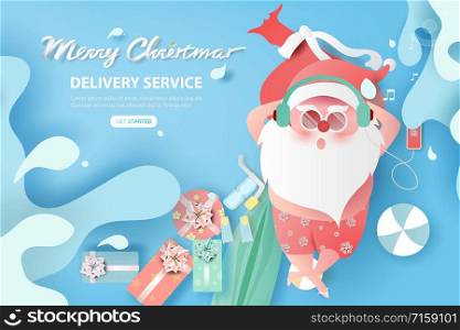 Summer Santa Claus Christmas day July concept.Delivery service cute cartoon character for Xmas design on splash water background.Creative paper cut and craft style.web minimal vector illustration