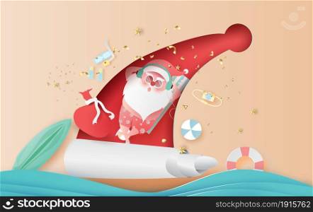 Summer Santa Claus Christmas day July.Delivery service concept cute cartoon character for Xmas design on sea wave water background.Creative paper cut and craft style.web minimal vector illustration