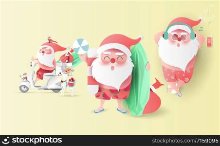 Summer Santa Claus Christmas day July in shorts smile on beach.Delivery service cute cartoon character for Xmas design isolated on background.Creative paper cut and craft style.Set vector illustration