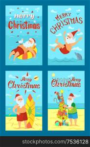 Summer Santa Claus floating in the ocean on the inflatable rubber ring and standing near fir-tree and surf. Vector Merry Christmas hand draw text. Merry Christmas Hand Draw Text and Santa Vector
