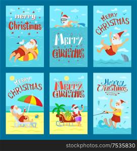 Summer Santa Claus in shorts on beach and swimming on tubing with dolphin and seagull vector set. Cheerful cartoon character for Merry Christmas design. Sunny Merry Christmas with Santa on Beach Vector