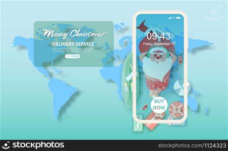 Summer Santa Claus sleep on map world Christmas day July concept.Fast Delivery service cute cartoon character for Xmas design web page background.Creative paper cut and craft style.vector illustration