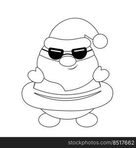 Summer Santa with inflatable rubber ring and black glasses. Draw illustration in black and white