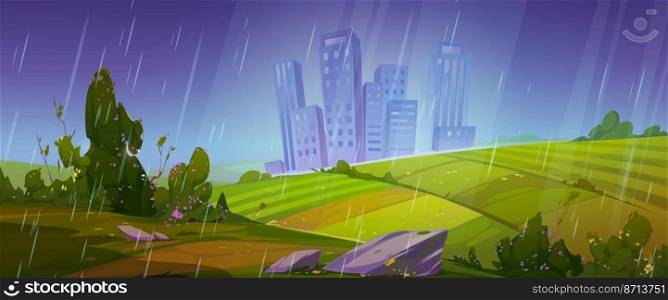 Summer scene with fields and city on skyline in rain. Vector cartoon illustration of countryside landscape with farm lands, green bushes, path and town at rainy weather. Summer scene with fields and city in rain