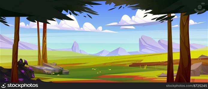 Summer scene with meadow, trees and green grass in mountain valley. Landscape with lawn, stones, log, bushes with flowers and rocks on horizon, vector cartoon illustration. Summer scene with meadow, trees and mountains