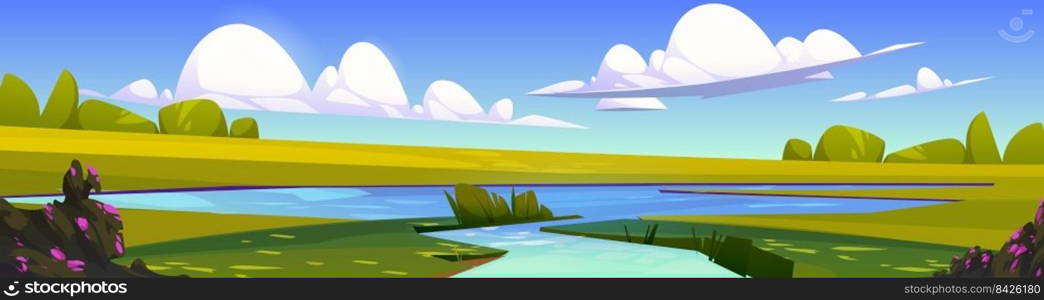 Summer scene with river flowing into lake, green grass and bushes with flowers. Countryside landscape with water stream or river inflow, pond and meadows, vector cartoon illustration. Summer scene with river flowing into lake