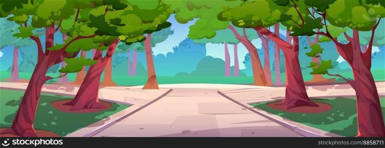 Summer scenery, city park landscape with green trees and grass, white stone walkway. Public empty sunny garden with plants and paths, vector cartoon illustration. Summer scenery, city park landscape with trees