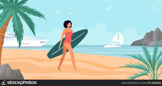 Summer sea activity, girl with surfboard on beach. Vector of surfboard sea, summer beach, girl go to ocean, surfer and surfing vacation illustration. Summer sea activity, girl with surfboard on beach