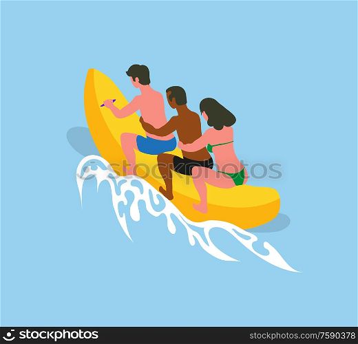 Summer sea adventures of people vector, man and woman sitting on inflatable banana boat holding each other. Male and female on holidays summertime vacation. Water Fun People Riding Banana Boat in Summer