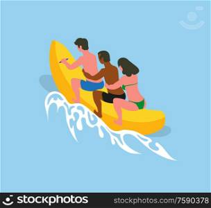 Summer sea adventures of people vector, man and woman sitting on inflatable banana boat holding each other. Male and female on holidays summertime vacation. Water Fun People Riding Banana Boat in Summer