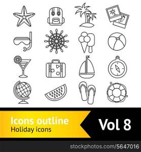Summer sea beach vacation symbols outline pictograms collection backpack snorkel mask flip-flops compass vector isolated illustration