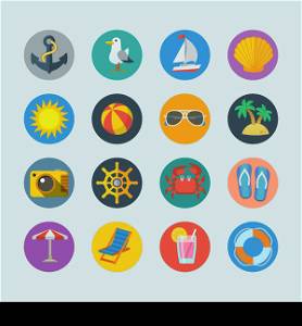 Summer sea holidays icons with anchor seagull yacht seashell sun ball palm isolated vector illustration