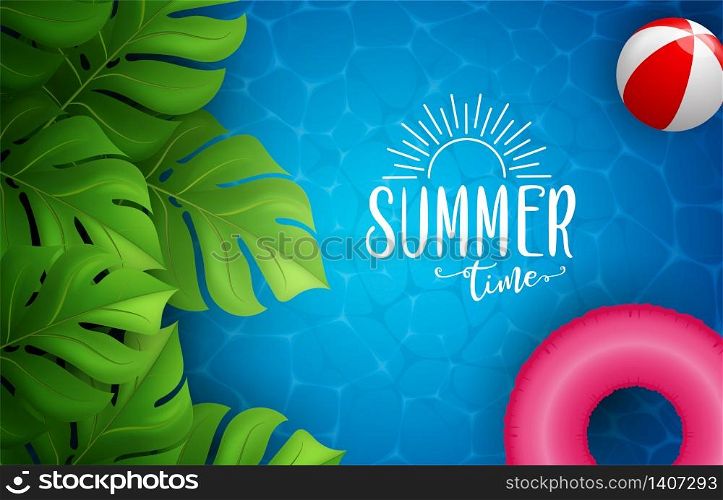 Summer sea poster. Vector illustration with deep underwater ocean scene. Background with realistic clouds and summer 3d text
