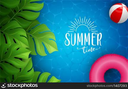 Summer sea poster. Vector illustration with deep underwater ocean scene. Background with realistic clouds and summer 3d text