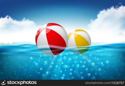 Summer sea poster. Vector illustration with deep underwater ocean scene. Background with realistic clouds
