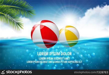 Summer sea poster. Vector illustration with deep underwater ocean scene. Background with realistic clouds