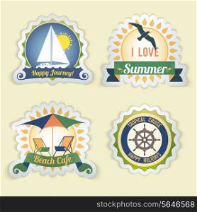 Summer sea retro vacation happy journey beach cafe tropical cruise emblems set isolated vector illustration