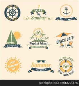 Summer sea retro vacation tropical cruise happy holidays labels set isolated vector illustration.