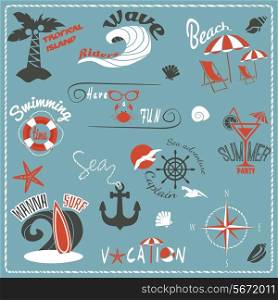 Summer sea retro vacation tropical island emblems set isolated vector illustration