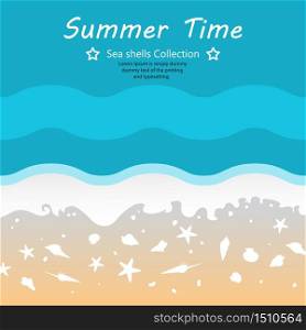 Summer sea shells fossil collection design on wave ocean and background, Underwater seascape life, Vector illustration art drawing for printing and postcard with paper cut origami style.