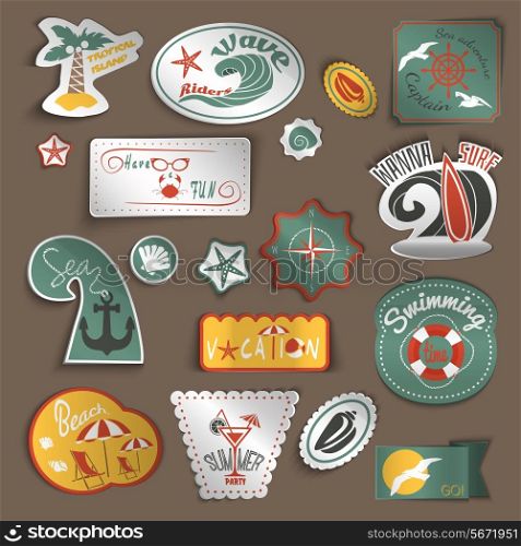 Summer sea tropical ocean vacation travel stickers set isolated vector illustration
