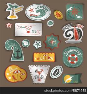Summer sea tropical ocean vacation travel stickers set isolated vector illustration