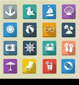 Summer sea vacation icons set with lifesaver cocktail sunshade sun chair photo camera isolated vector illustration