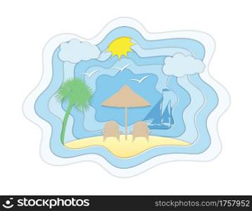 summer sea view sky and beach paper cut art banner vector illustration background for you design